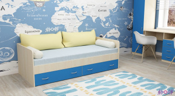 Кровать с выкатными ящиками Дуб молочный/Голубой в Кодинске - kodinsk.mebel54.com | фото