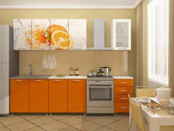 Кухонный гарнитур 1,6м Апельсин (Белый/Оранжевый металлик/Фотопечать апельсин) в Кодинске - kodinsk.mebel54.com | фото